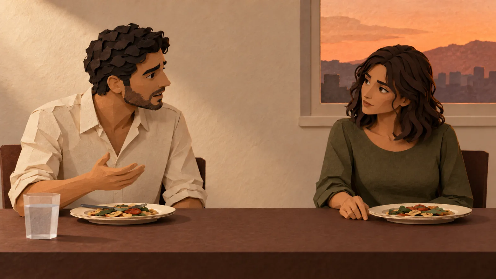 Na mesa de jantar as pessoas conversam com atenção plena.