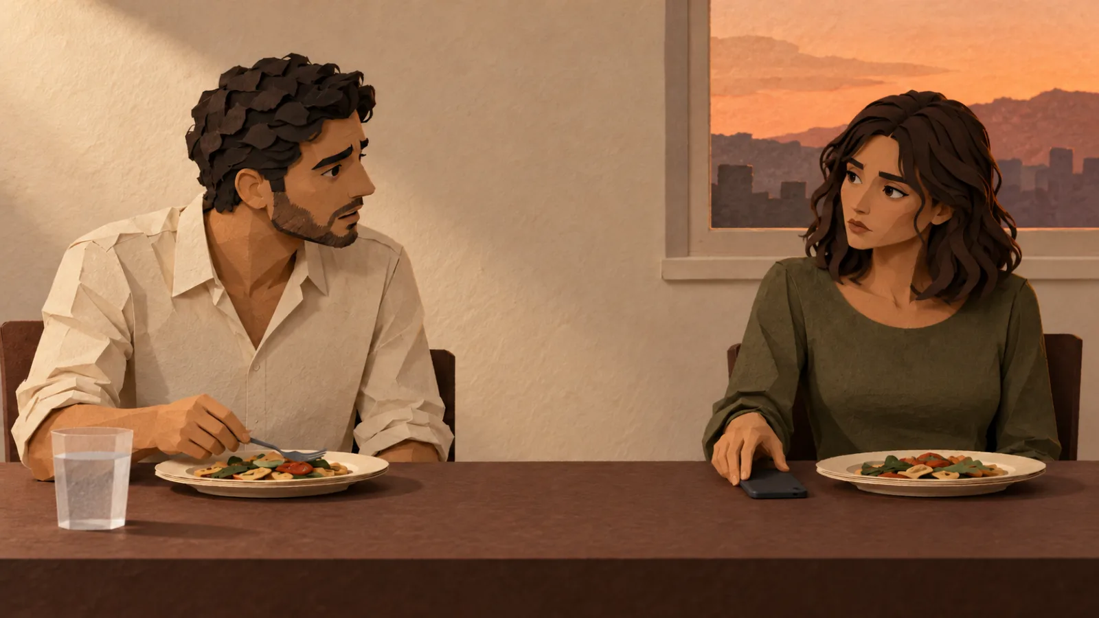 Durante o jantar, uma pessoa larga o celular enquanto a outra fala com ela.